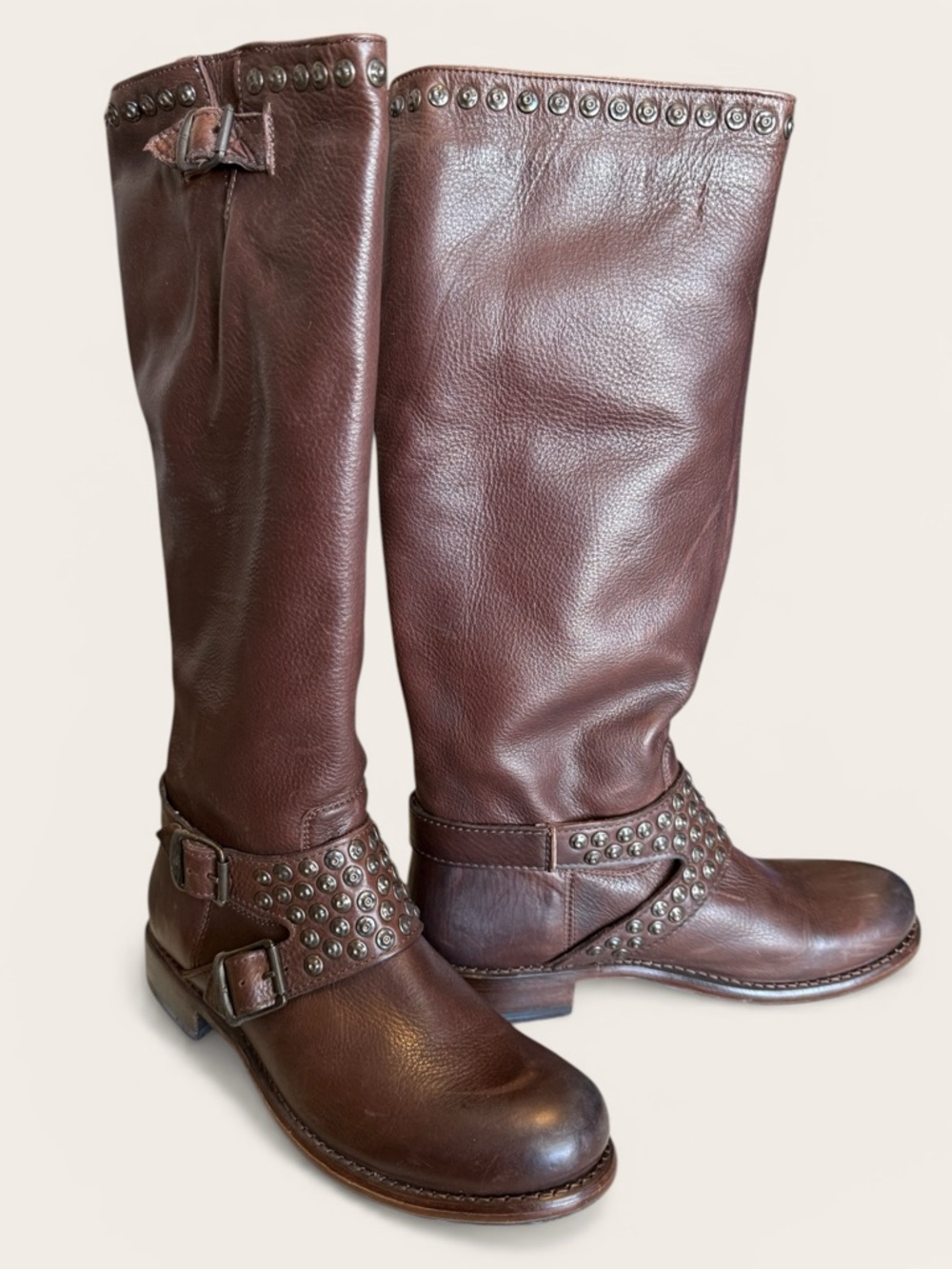 Frye Jenna Brown Studded Leather Knee-High Riding Boots